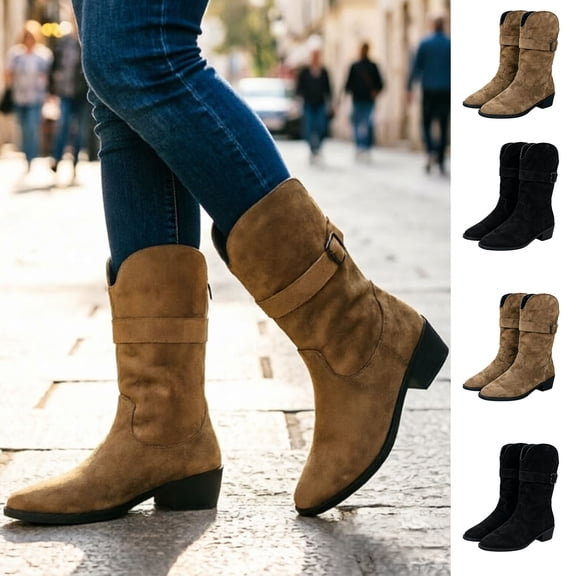 Women Slouch Buckle Strap Mid Calf Western Boots, Pointed Toe Low Block Heel Suede Cowboy Boots, Casual Ruched Tall Booties Brown 9(42)