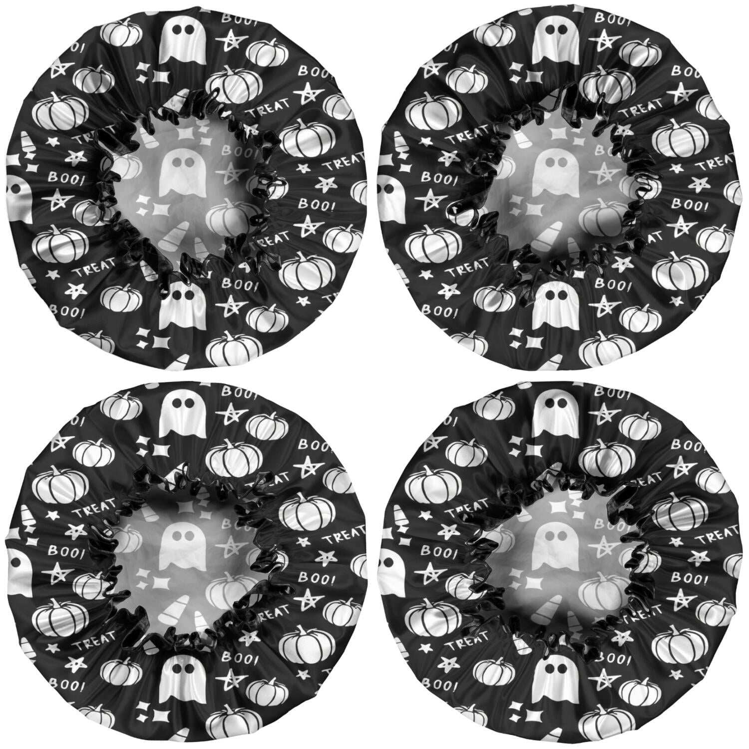 Shower Caps,Black Halloween Ghosts Pumpkins and Stars Waterproof Shower Cap for Women 4 Pieces,Double Reusable Hair Cover for Shower PEVA Elastic Stretch Hem