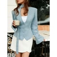 thumbnail image 3 of Women'S Long-Sleeved Suit Jacket, Solid Color V-Neck Scarf Slim Fit with Padded Shoulders Blue L, 3 of 6
