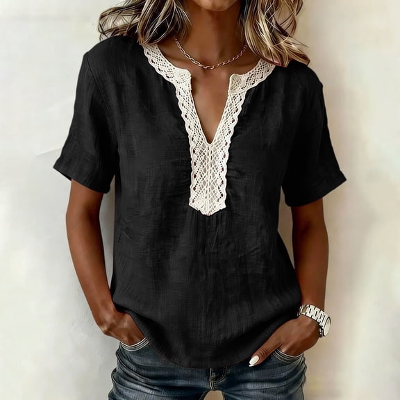 ClodeEU Women's Linen Blend V Neck Short Sleeve Top with Lace Trim ,Solid Color Casual Blouse Black,Womens Plus XL