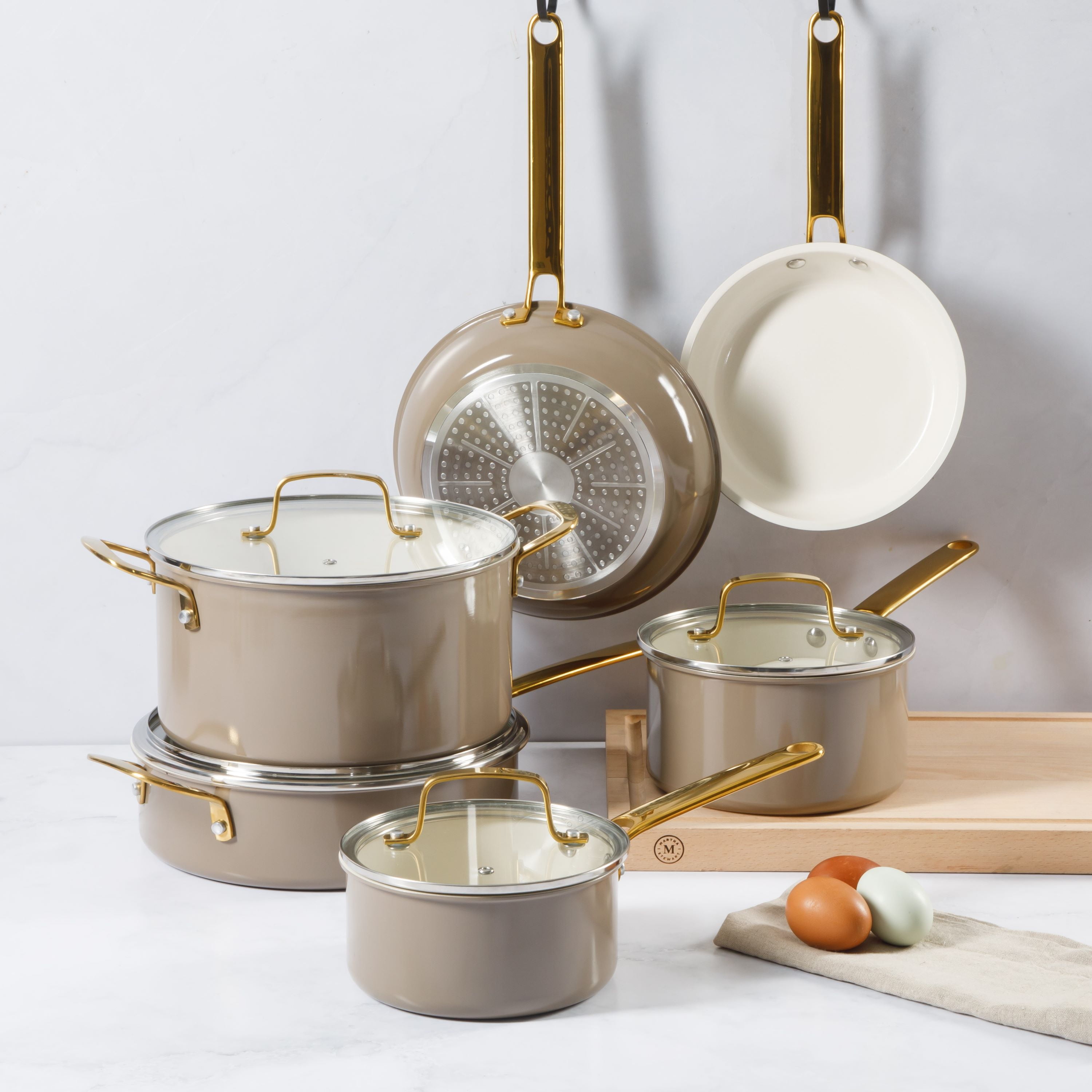 Martha Stewart 10-Piece Nonstick Pots and Pans Cookware Set with Gold Handles, Taupe