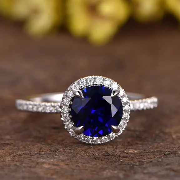 3.00TCW Round Cut Lab Created Blue Sapphire Diamond Ring 14K White Gold Plated