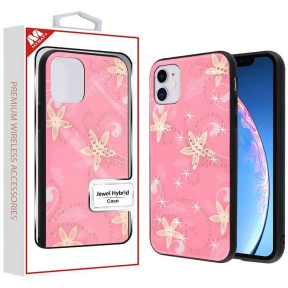 Apple iPhone 11 Phone Shiny Glitter Sparkle Bling Gemstone Rhinestone Diamonds Colorful Painted Shockproof Armor Silicone TPU Rubber Cover Pink Flowers Jewel Case for Apple iPhone 11 / 6.1"