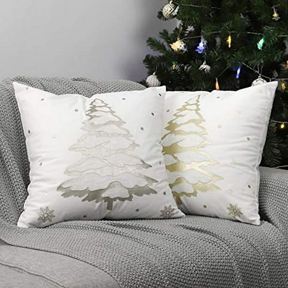 Lewondr Christmas Tree Throw Pillow Cover, 2 Pack Xmas Tree Decorative Throw Pillow Case Sofa Cushion Cover with Hot Stamping Pattern Indoor Decor for Festival Party 18"x18"(45x45cm), Gold+S