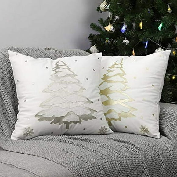 Lewondr Christmas Tree Throw Pillow Cover, 2 Pack Xmas Tree Decorative Throw Pillow Case Sofa Cushion Cover with Hot Stamping Pattern Indoor Decor for Festival Party 18"x18"(45x45cm), Gold+S