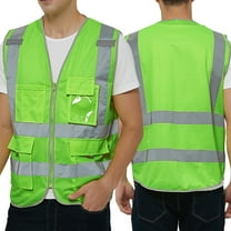 Toptie Class 2 High Visibility Zipper Front Safety Vest With 9 Pockets and Reflective Strips, Meets ANSI/ISEA Standards-Green-M