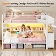 thumbnail image 6 of Twin Bunk Bed with 6 Storage Drawers & Storage Shelf, Twin over Twin Metal Loft Beds with Led Lights & Charging Station, L-Shaped Bunk Bed Frame with Side Bookcase, Safety Guardrail and Ladder, White, 6 of 9