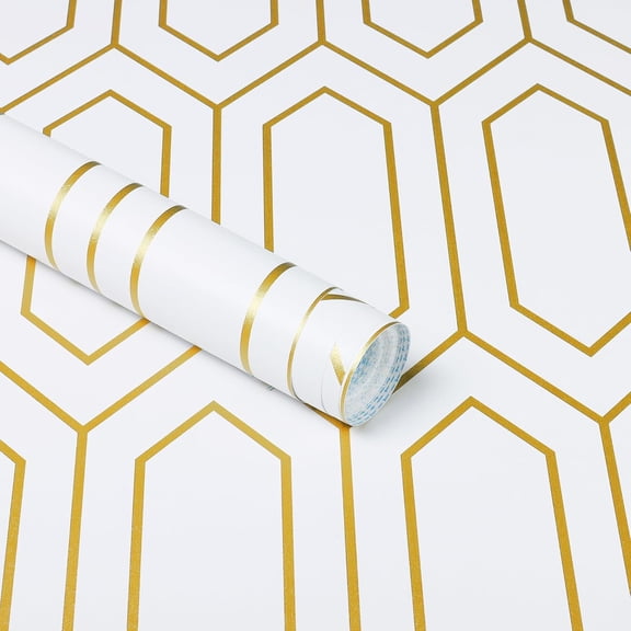 Peel And Stick Vinyl Wallpaper Geometric Textured Modern Wallcovering White Gold Pattern Roll 118 In W × 17.3 In L