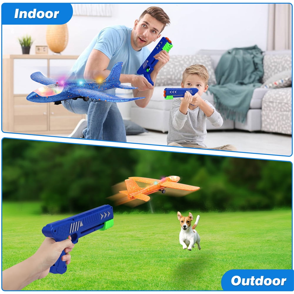 Growsly 3 Pack Catapult Airplane Foam Glider Outdoor Toy for 4-12 Years Old Kids, Red Orange Blue