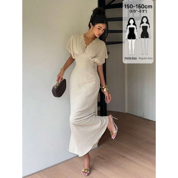 Apricot Linen V-Neck Petite Midi Dress With Lace Trim, High-Waist Pleated Slim Fit Elegant Vacation Dress