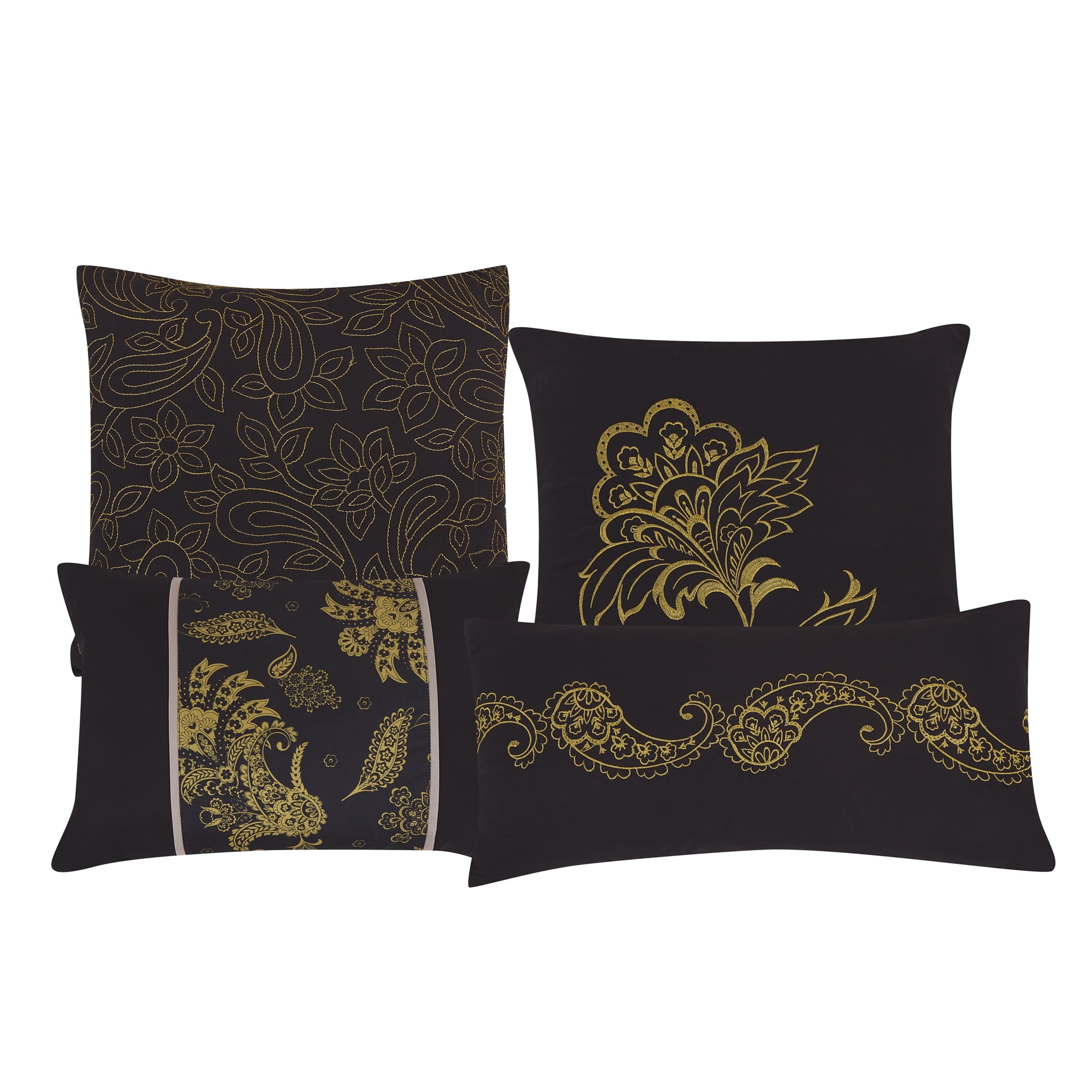 Luxury 7-Piece Black and Gold Floral Comforter Set, Elegant Embroidered Bedding with Decorative Pillows, Queen