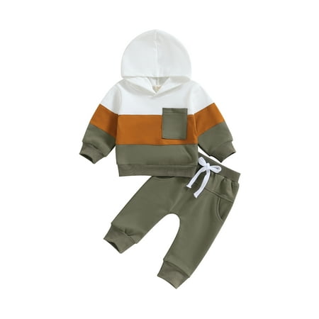 

Qtinghua Infant Toddler Baby Boy Fall Winter Outfits Long Sleeve Contrast Color Hoodie Tops+Pants Clothes Army Green 6-12 Months