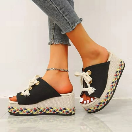 

Yenergle Summer Womens Resort Style Floral Embroidered Pattern Wedge Slippers