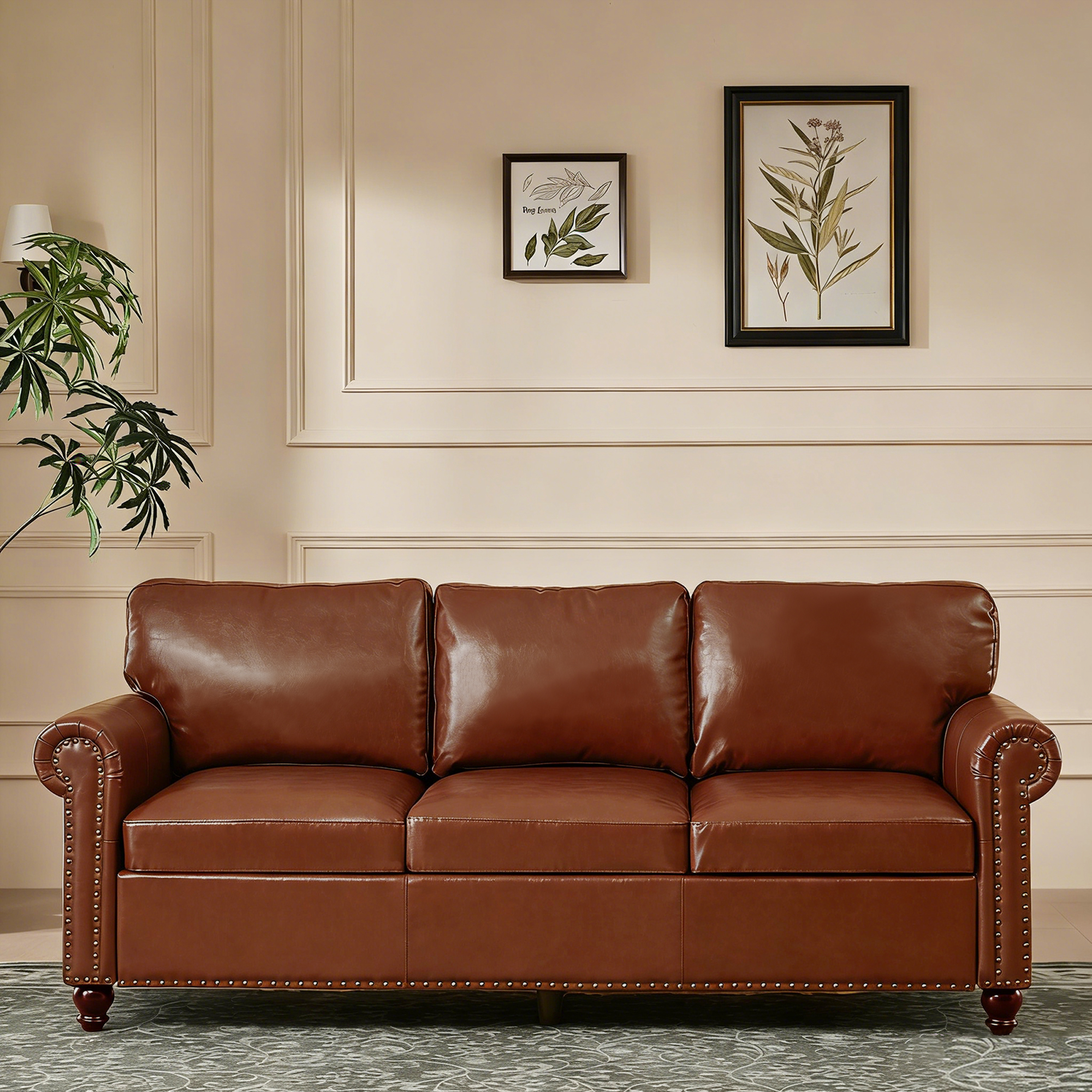 LeChapitre 80'' Faux Leather Sofa with Storage Seats, Classic 3-Seater Couch with Nailhead Trim, Easy Assembly, Brown