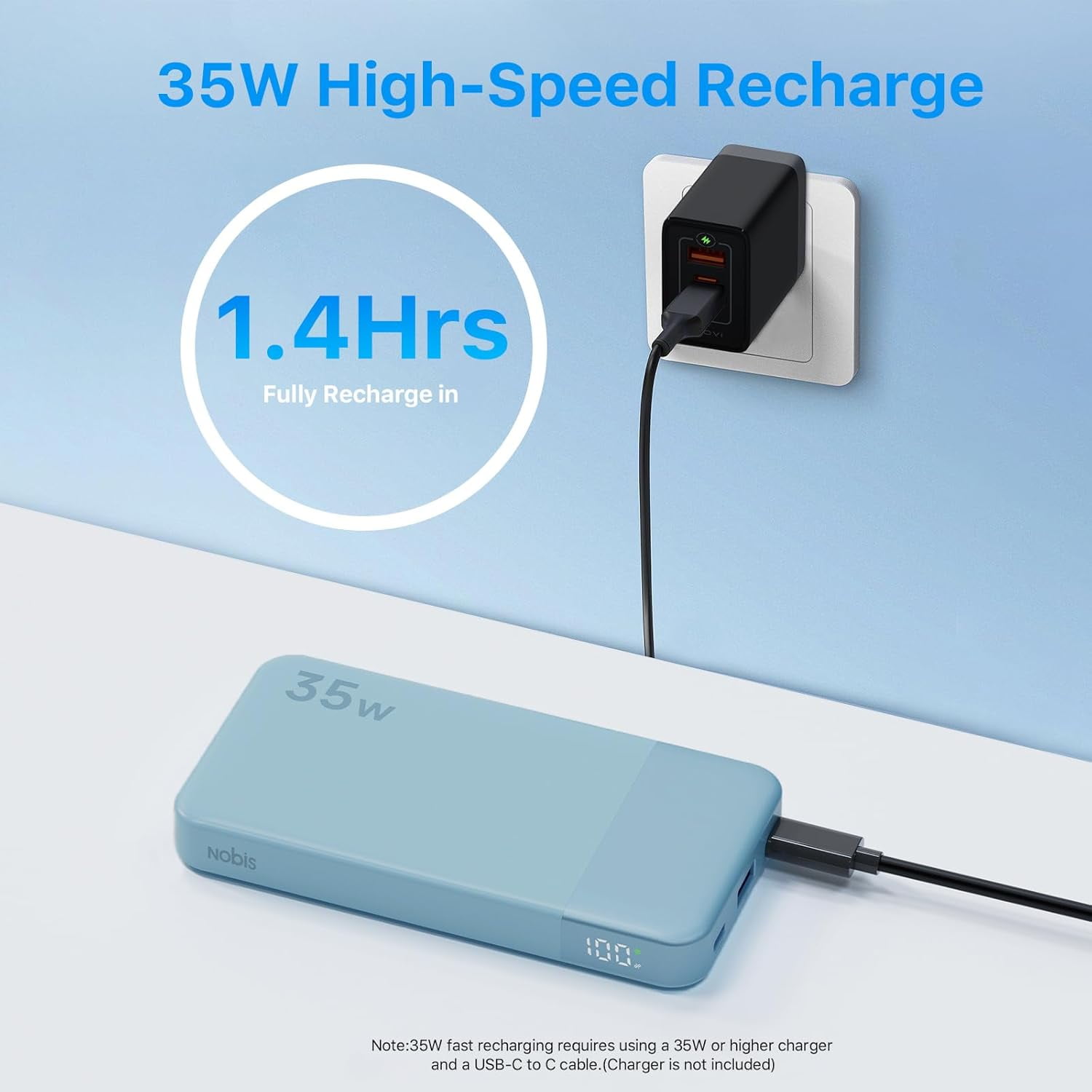 Portable Charger, 10000mAh Power Bank Fast Charging, Battery Pack with C to C Cable, Battery Bank with Digital Display for iPhone iPad Android etc (Blue, 35W)