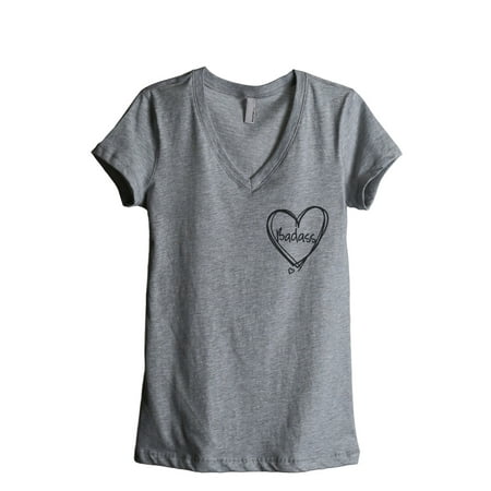 Thread Tank Badass At Heart Women's Relaxed V-Neck T-Shirt Tee Heather Grey Small
