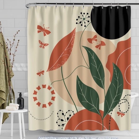 Bold Abstract Shower Curtain with Shapes & Butterfly Design - Burnt Orange & Beige