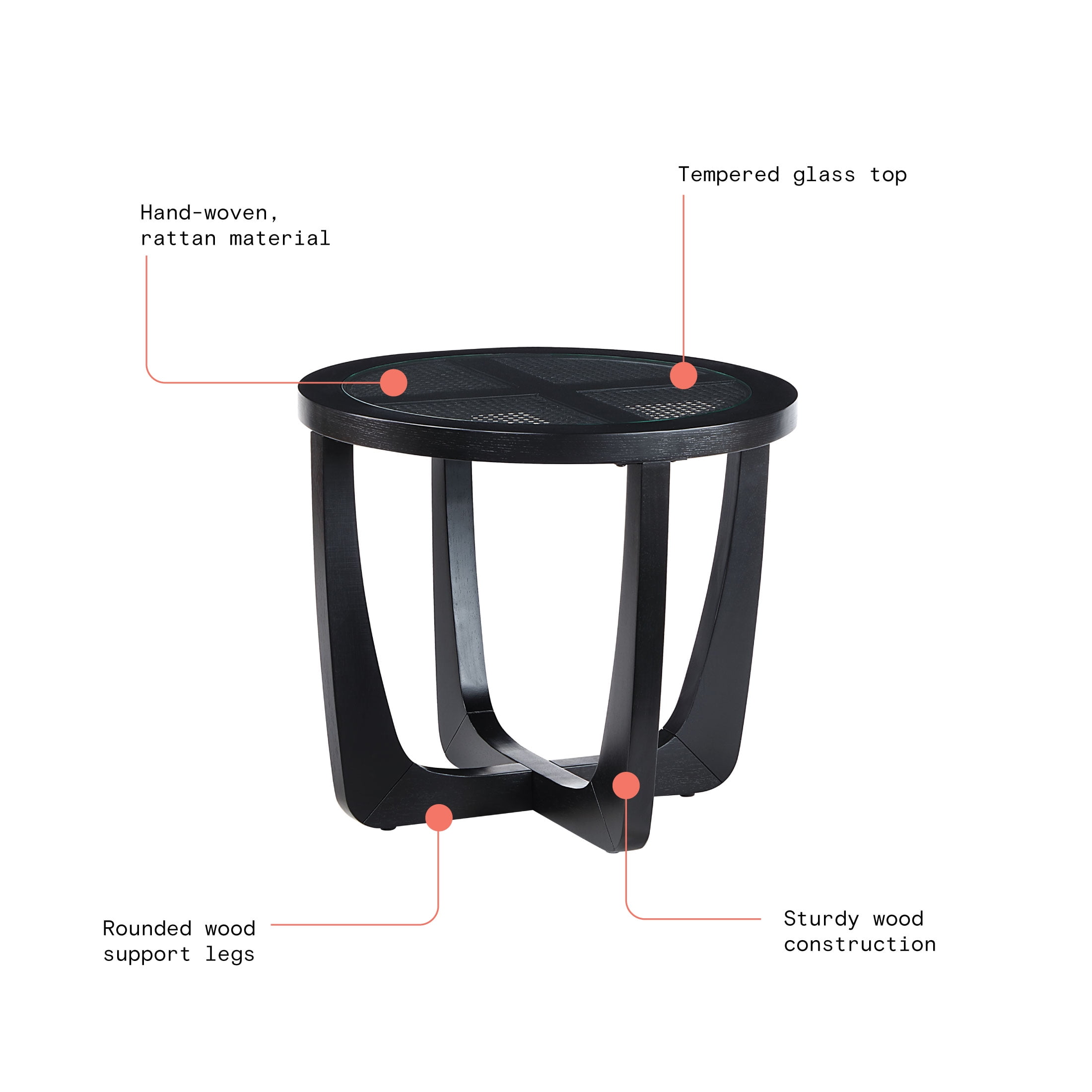 Beautiful Glass Rattan End Table, Black