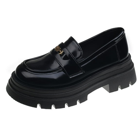Lovskoo 2024 Women's Dress Leather Shoes Round Toe Small Flat Heel Collision Ladies Single Shoes Water Proof Black