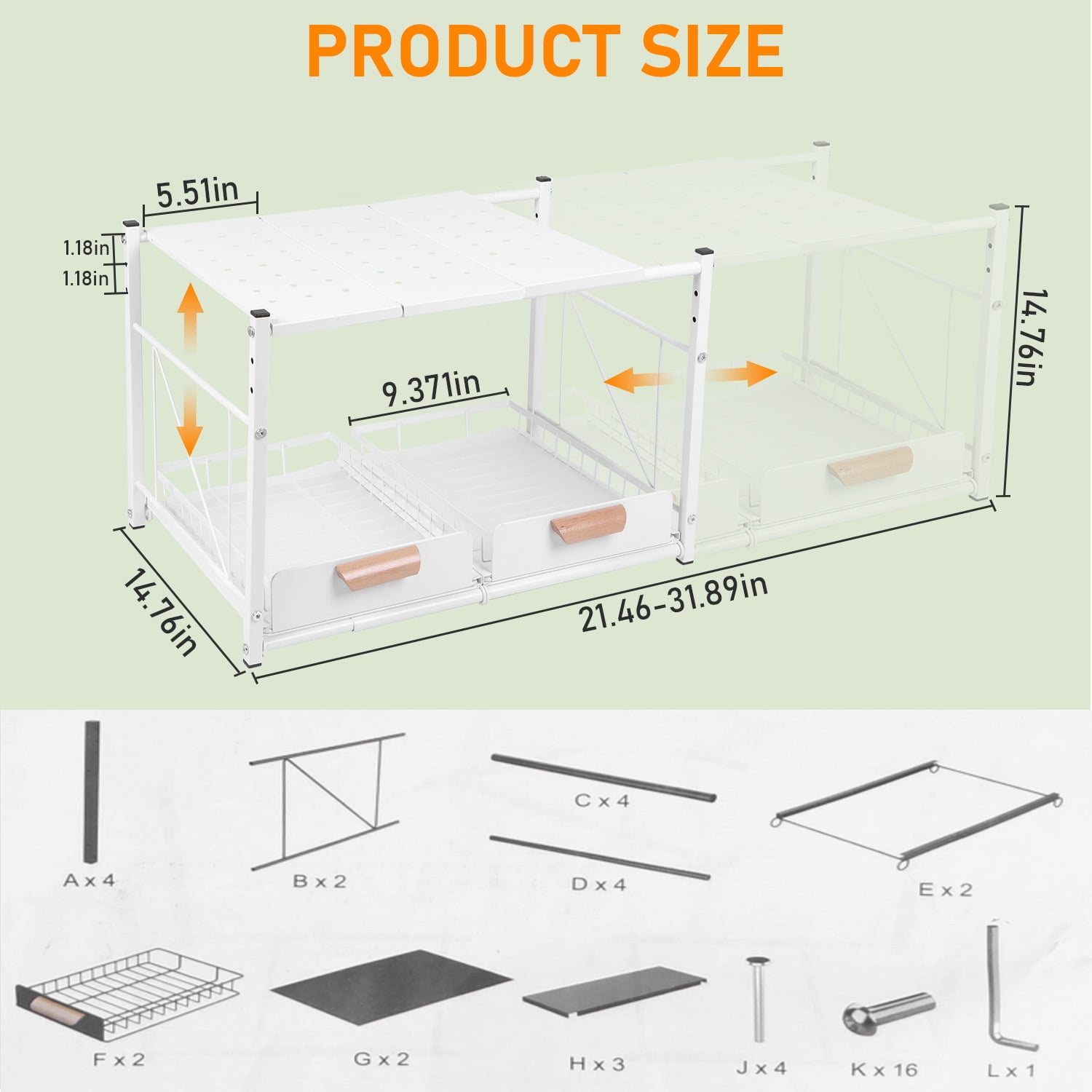 2 Tier Under Sink Organizer and Storage, Expandable Length 21.5"-31.8", Height Adjustable, 2 Sliding Drawers & Movable Top Shelves, for Bathroom & Kitchen, White