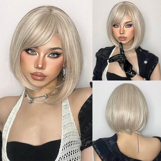 Pelucas cortas y rectas con flequillo para mujer, pelo sintético Natural, negro, marrón, fiesta, suave y sedoso, resistente al calor