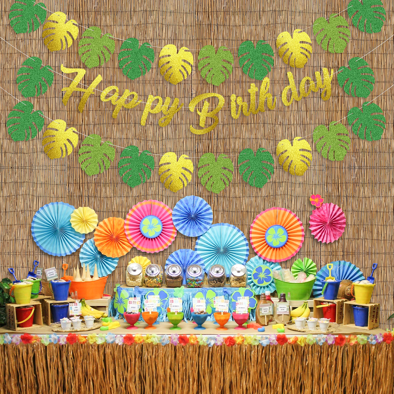 Tropical Birthday Party Decorations - 3 Set Hawaiian Happy Birthday Banners, Gold and Green Glittery Tropical Palm Leaf Garland, Summer Jungle Beach Luau Hawaiian Birthday Party Decorations - image 3 of 8