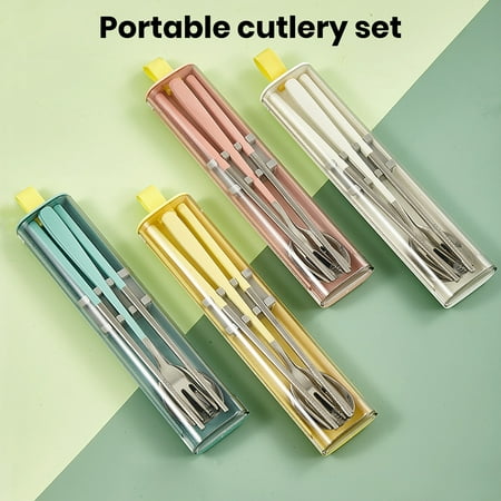 

1 Set Kitchen Cutlery with Storage Box Non-slip Long Handle 304 Stainless Steel Portable Dinnerware Chopsticks Spoon Fork 3-piece Kit Daily Use
