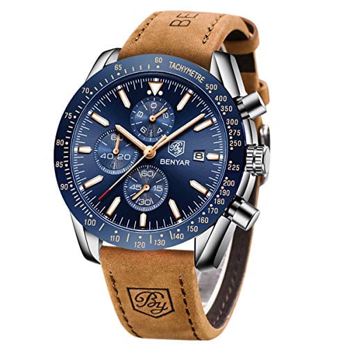 BY BENYAR Mens Watches Analog Watch for Men Sport Work Waterproof Chronograph Watches Stylish Minimalist Classic Men's Wrist Watches with Leather Band Unique Gifts for Men… (Blue)
