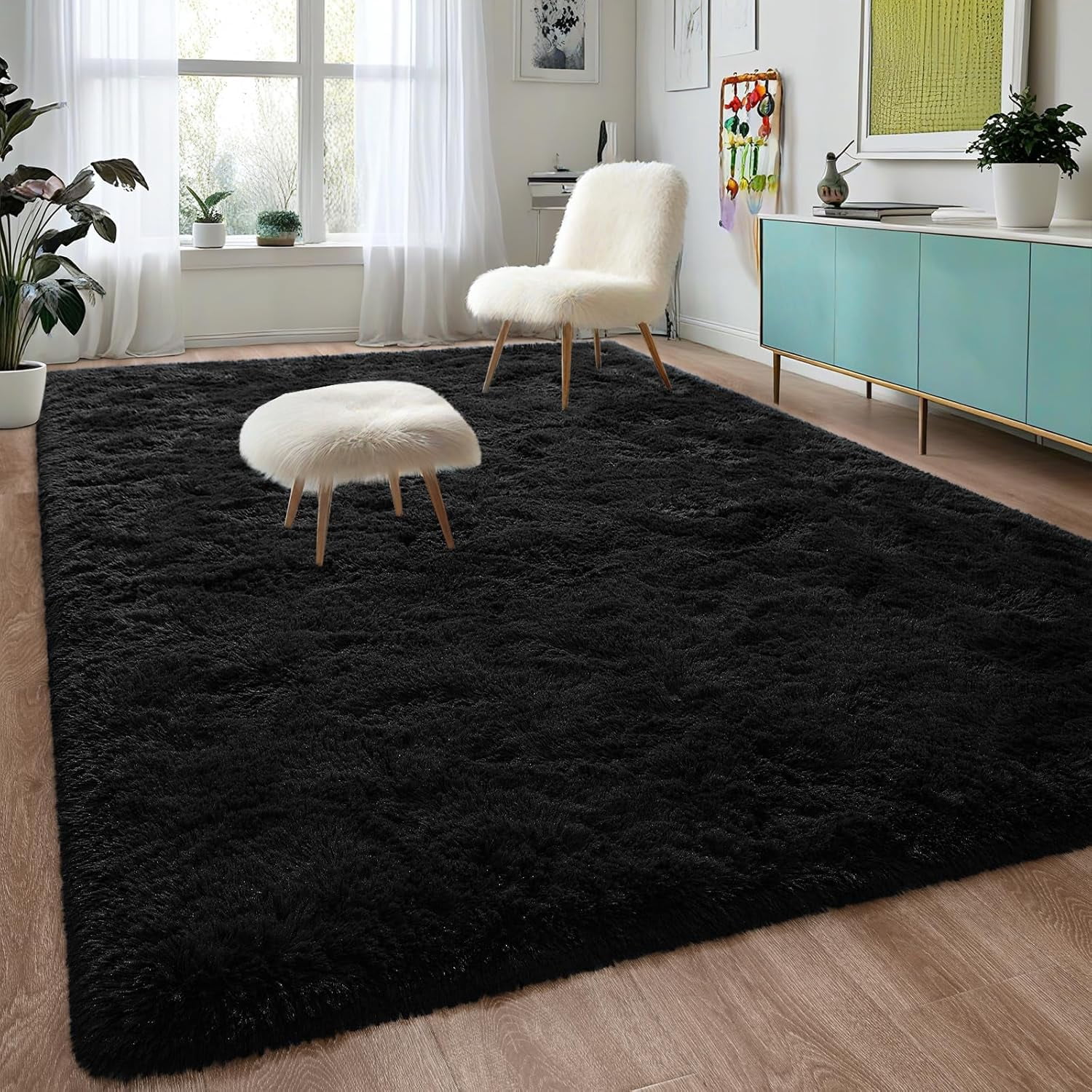 Homore Cute Fluffy Velvet Carpet Soft Washable Area Rugs for Bedroom/ Living Room Decoration,9'x12',Black