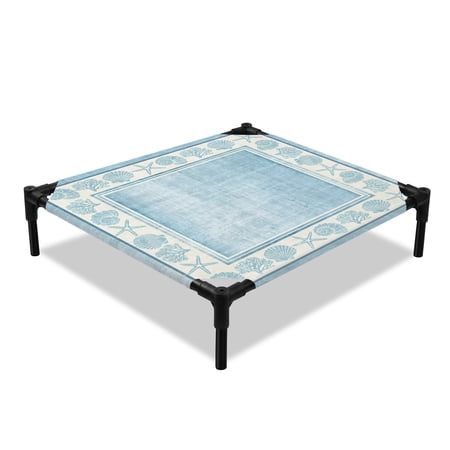 Light Blue Beach Elevated Dog Bed Coastal Summer Starfish Shell Coral Nautical Cooling Breathable Outdoor Raised Dog Cot Bed with Metal Frame Non-Slip Feet for Small Dog 20x20in