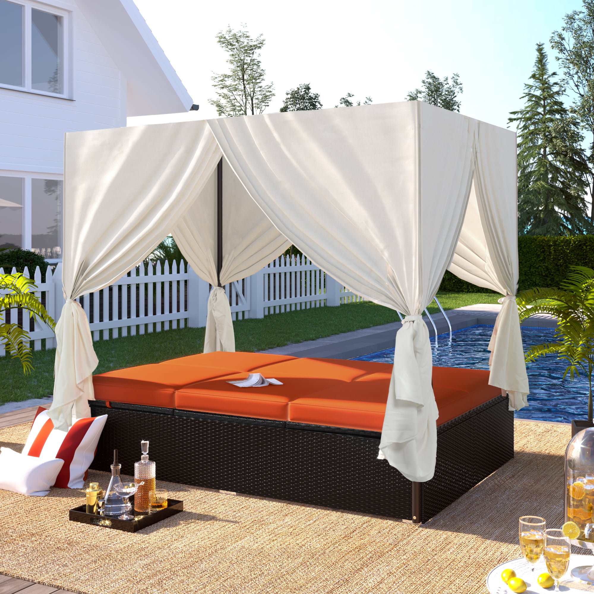 Outdoor Double Chaise Lounge Daybed with Curtains,Patio Outdoor Sunbed with Adjustable Backrest, Sturdy Steel Frame Loveseat Sofa for Backyard,Poolside, Terrace