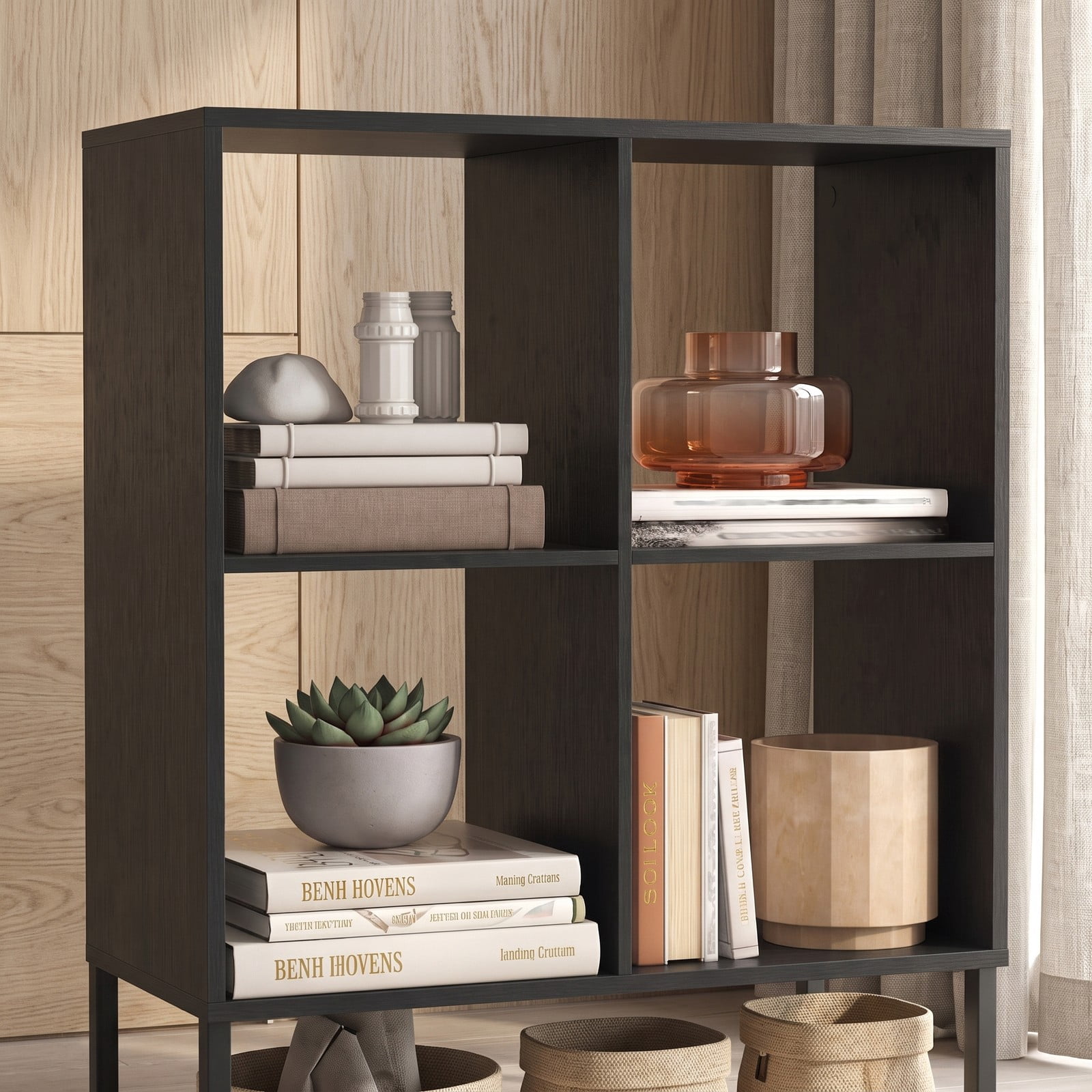 Furnibear 4 Cube Bookshelf, Wood Cube Storage Organizer Bookcase with Back Guardrail and Anti-Tip Kit for Living Room Bedroom Home Office, Black