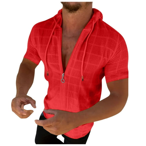 Sopiago Short Sleeve Hoodies for Men Cotton Hoodies Summer Sweatshirt Lightweight Breathable Big and Tall Men's Tshirts Workout Shirts Pullover Red,L