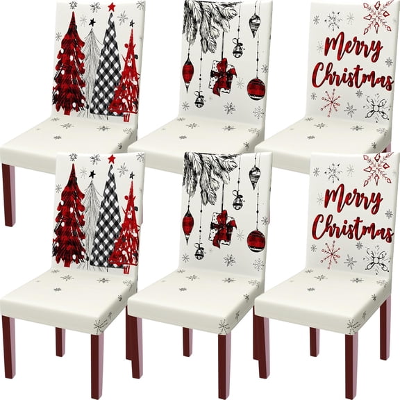 Modern Christmas Chair Covers Set of 6 – Washable Stretchable Slipcovers with Buffalo Plaid, Tree, Snow & Holiday Decor for Dining, Wedding, Hotel & Party