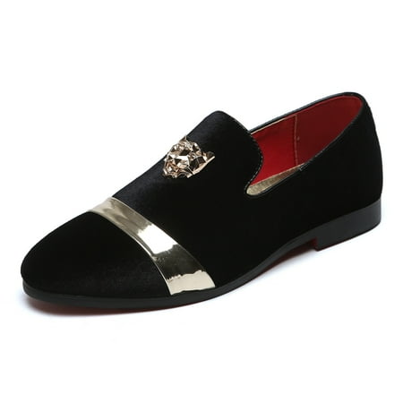 Santimon Men Velvet Loafers Golden Animal Buckle Slip-On Formal Dress Shoes Black 10 US