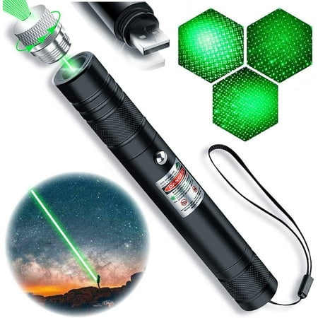 Emlimny Laser Pointer, Flashlights 2000 Metres Green Long Range High Power Handheld Flashlight, Rechargeable Laser Pointer for USB, with Star Cap Adjustable Focus