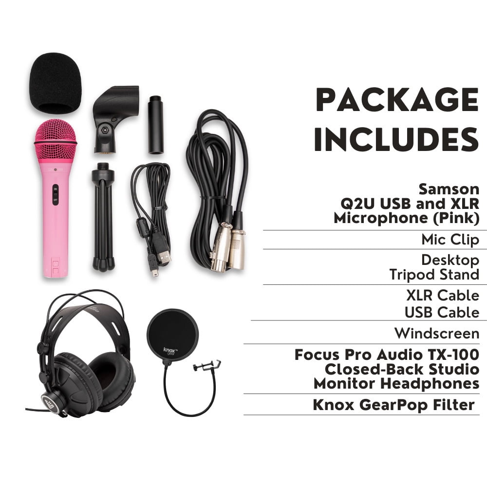 Samson Q2U USB and XLR Handheld Dynamic Microphone with Cardioid Polar Pattern (Pink) Bundle with Focus Pro Audio TX-100 Studio Monitor Headphones (Black), and Knox Gear Pop Filter (3 Items)