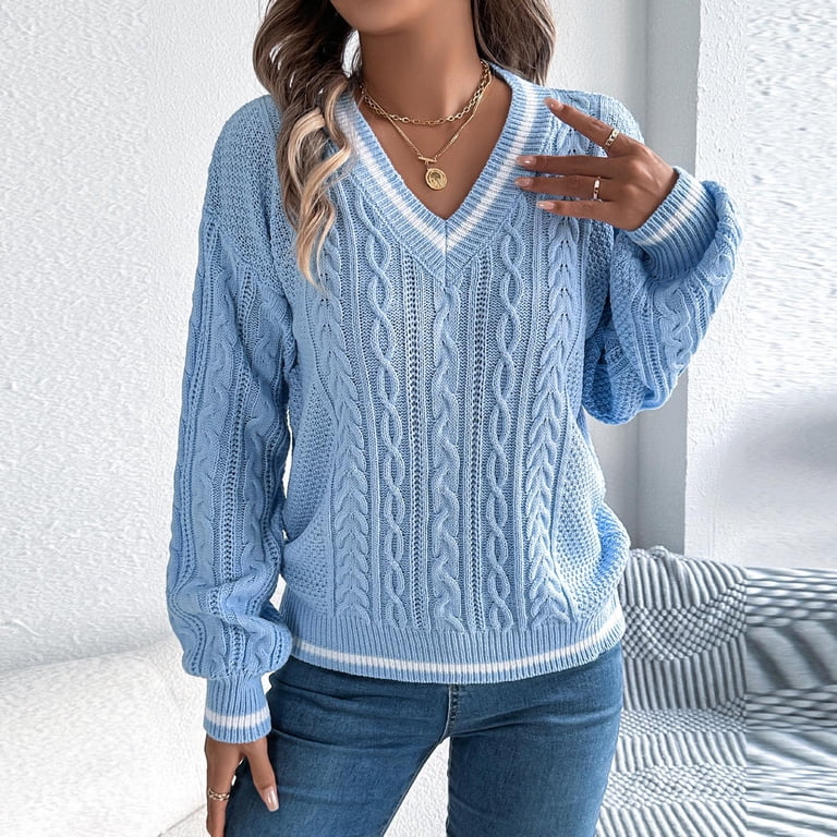 Htigea Preppy Womens Sweaters Cable Knitted V-Neck Long Sleeve