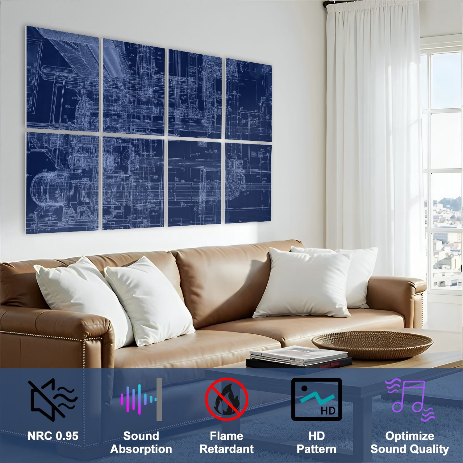 8 Pack Art Acoustic Panels Sound Absorbing Blueprint Decorative Soundproof Wall Panels Self Adhesive for Nursery Game Room Bedroom 48"x32"
