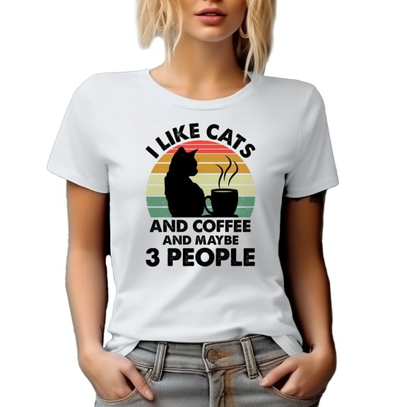 Retro I Like Cats and Coffee and Maybe 3 People, Cat Lover Introvert, White T-Shirt, Small