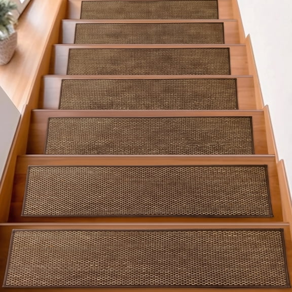 ICEANT 15PCS 30"x8" Non-Slip Stair Treads, Woven Basketweave Indoor Runners, Washable Adhesive TPR Edging, Sturdy Safety Mats for Kids & Pets,Brown