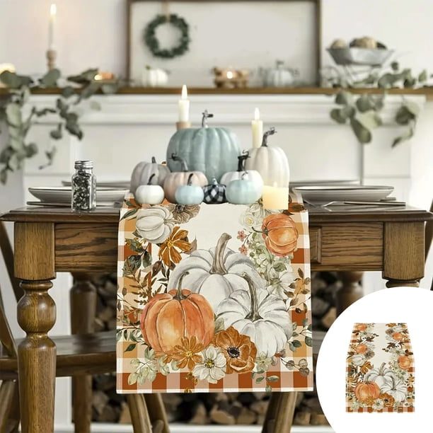 Fall Table Runner Polyester Harvest Thanksgiving Decor, Autumn Pumpkin Maple Leaf Kitchen Dining Table Decorations for Home Party Seasonal Holiday