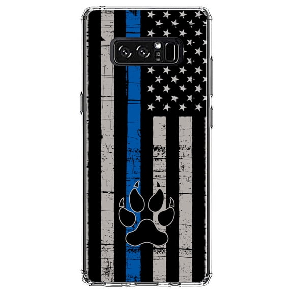 DistinctInk Clear Shockproof Hybrid Case for Samsung Galaxy Note 8 - TPU Bumper, Acrylic Back, Tempered Glass Screen Protector - Thin Blue Line US Flag K9 Dog Paw - First Responders