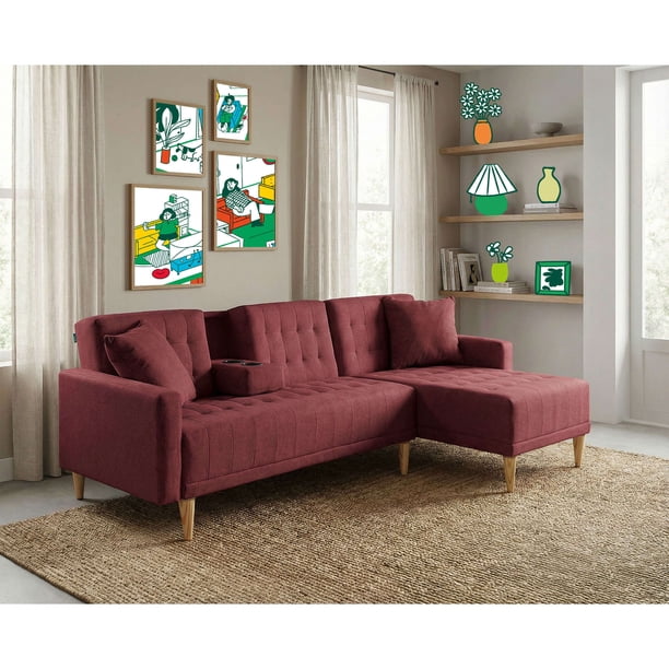 Sala Modular Reversible Makora Kendall Con Memory Foam, Color Rojo, Lino Respaldo Reclinable De 3 posiciones.