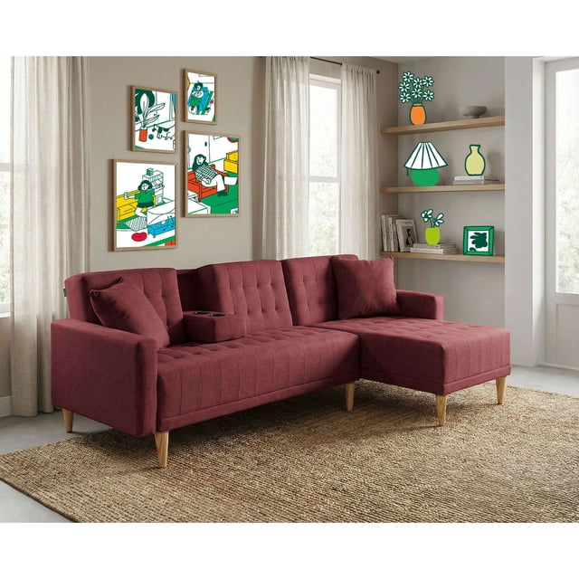 Sala Modular Reversible Makora Kendall Con Memory Foam, Color Rojo, Lino Respaldo Reclinable De 3 posiciones.