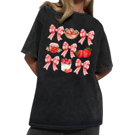 Strawberry & Pink Gingham Bow Collage Wash Print Tshirt Graphic Tees Charcoal Oversize S-2XL Casual Tops