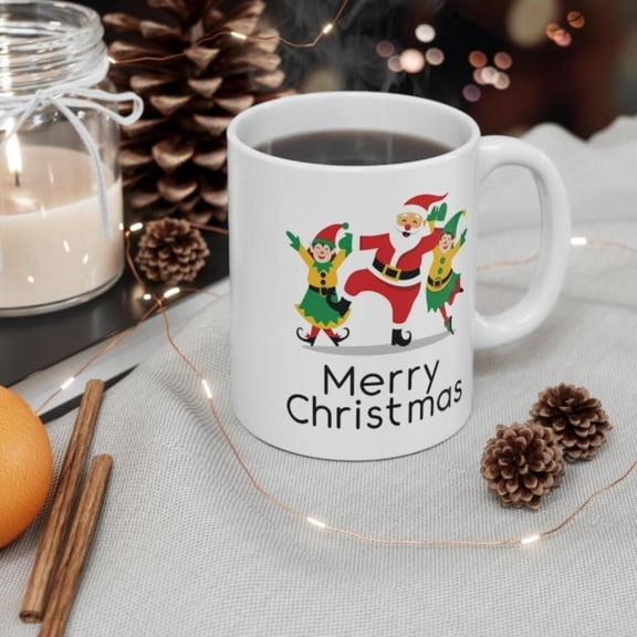 Festive Christmas Ceramic Mug with Santa and Elves Dancing Design Hand Wash Only Microwave Reusable Multipurpose Coffee Cup Hot Cocoa and Tea Holiday Themed Christmas and Halloween