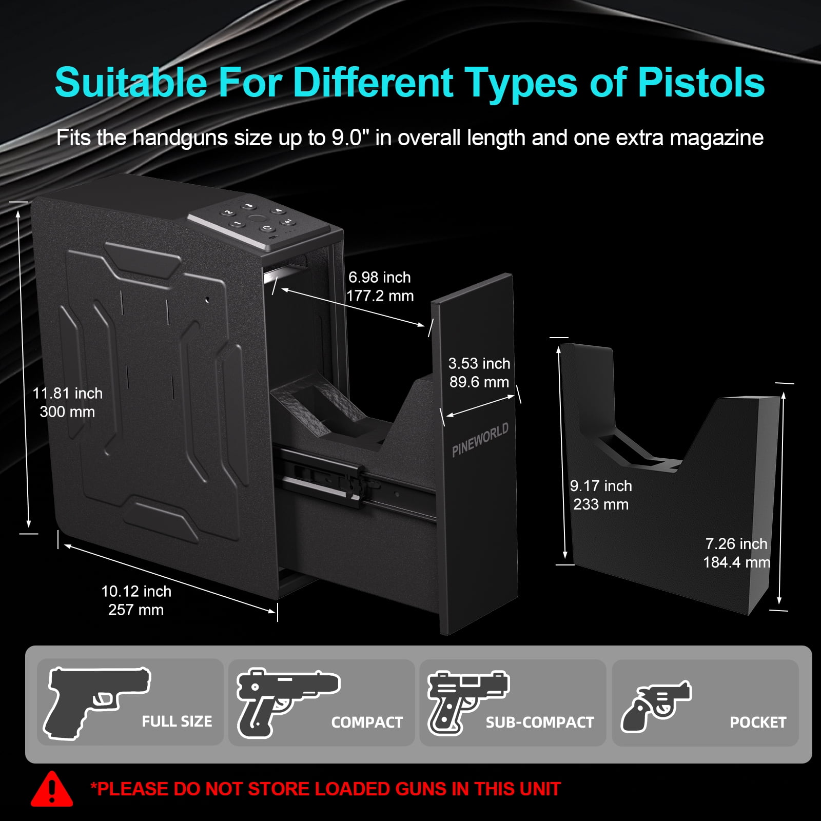 PINEWORLD Gun Safe For Handgun, Biometric Slider Bedside Handgun Safe, Pistol Lock Case for Nightstand,Sliding Door Hand Gun Safe for Pistol -with 3 Quick Access Fingerprint, PIN Code, KEY