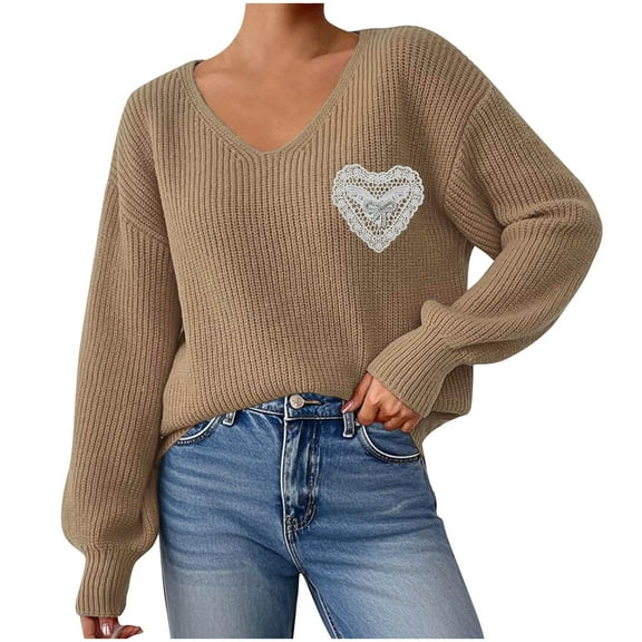 Women's Sweater Long Sleeve V Neck Heart Print Solid Chunky Knit Pullover Top Khaki M