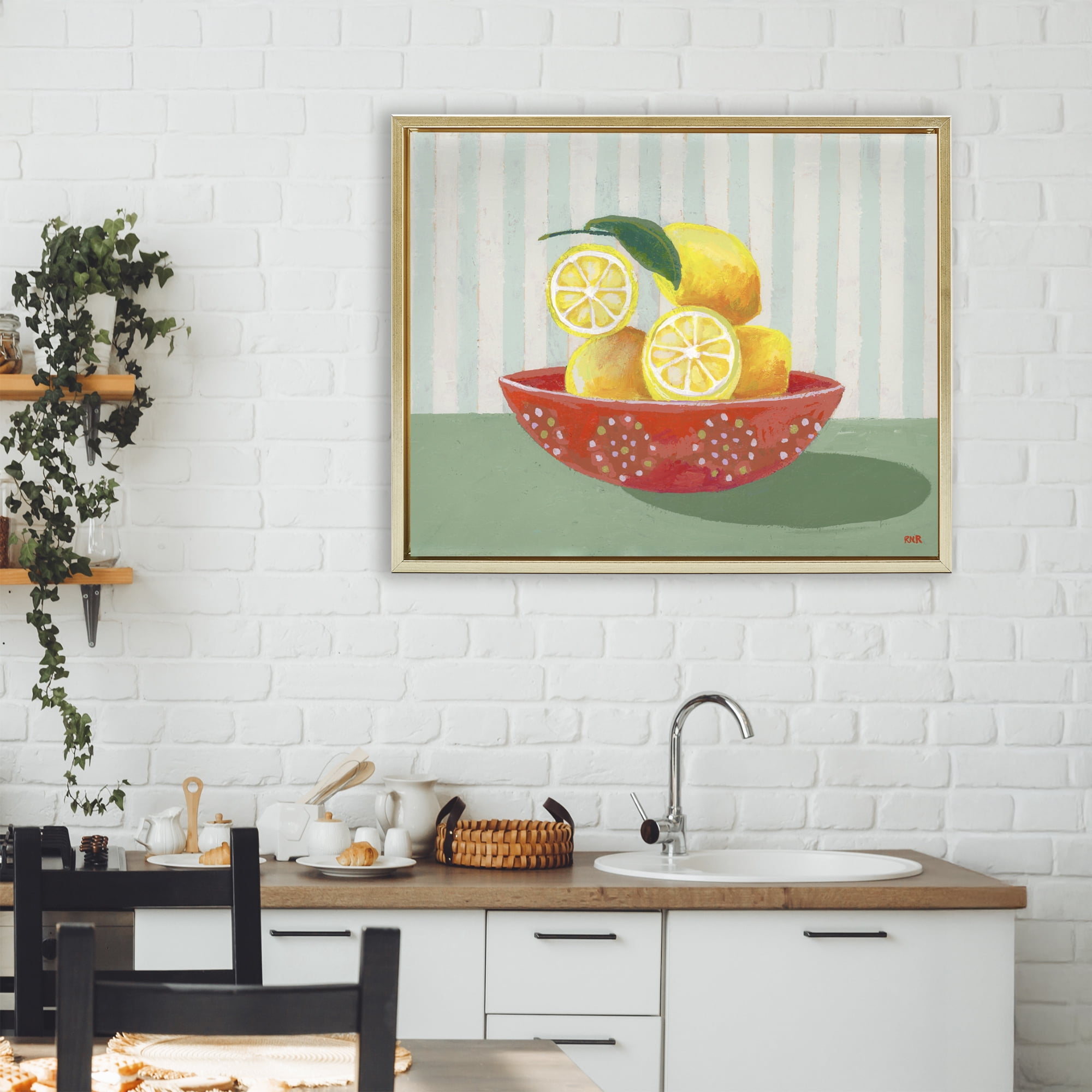 Stupell Industries Sunny Lemons in Red Bowl Gold Framed Floater Canvas Wall Art, design by Rachael Reese